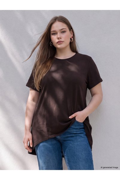 LC Waikiki LCW Curve Brown Jersey Plain Comfort & Relax Short-Sleeve Women's ...