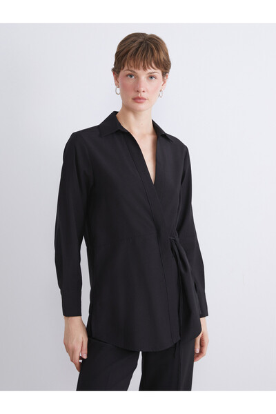 LC Waikiki LCWAIKIKI Classic Black Double-Breasted Wrap Neckline Women's Shir...