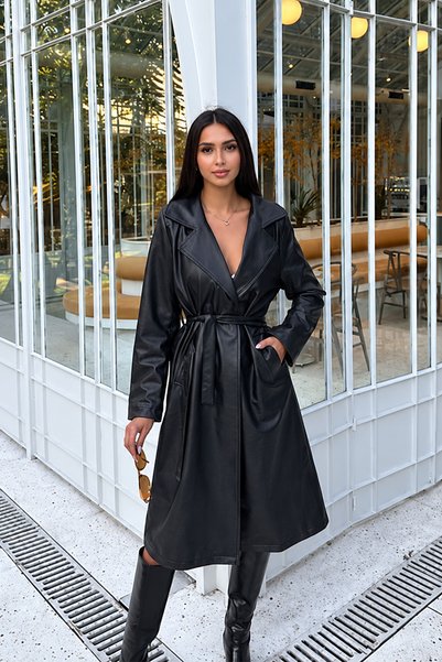 MANMARK Women's Long Leather Belted Trench Coat