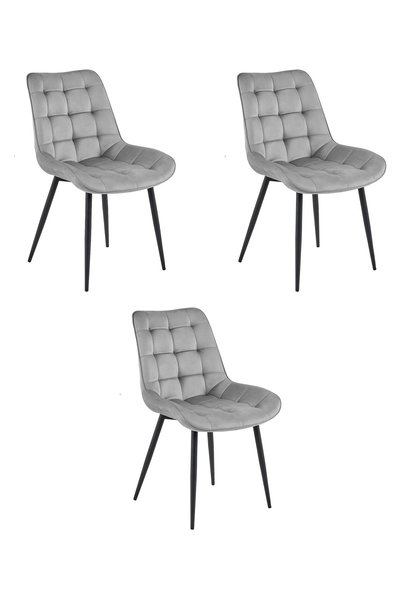Oskar Scaun de dining din catifea BERA, gri argintiu, set de 3, picioare negre