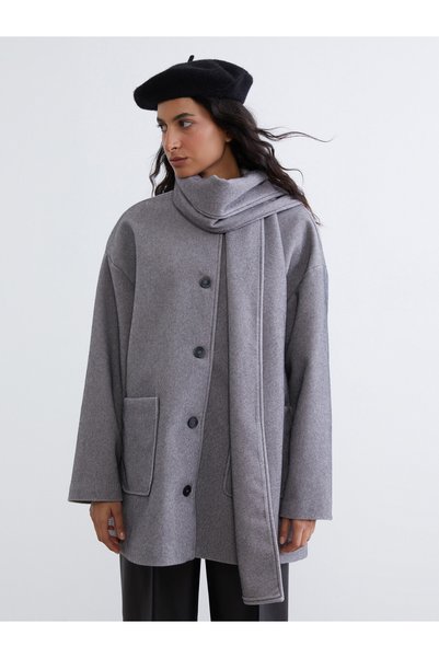 LC Waikiki LCW Modest Gray Women's Cashmere Melton Coat With Scarf, Featuring...