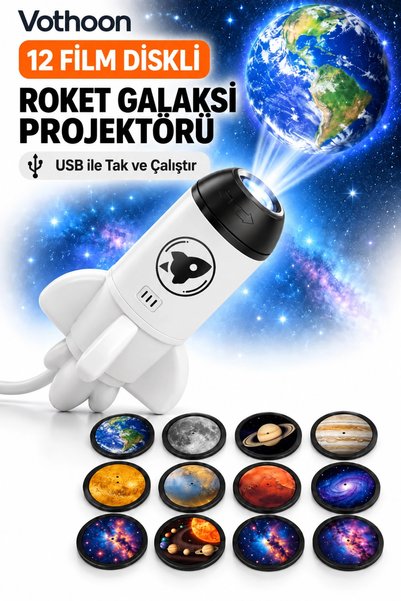 Viessmann 12 Film Diskli Roket Galaksi Projektörü USB Tak Çalıştır Uzay ve Gezegen Projeksiyon Gece Lambası