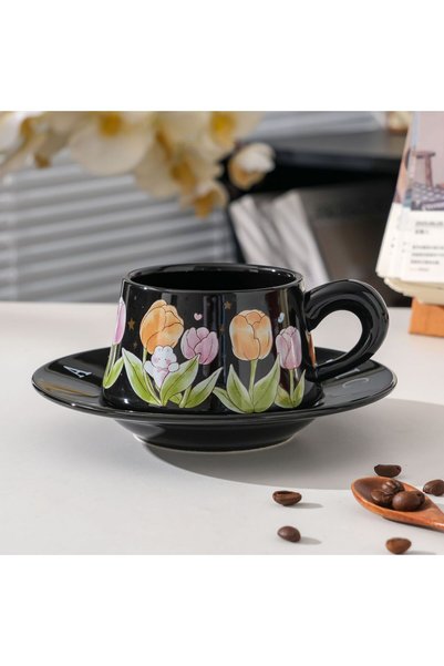 Generic طقم فنجان قهوة وصحن بتصميم فرنسي أنيق، كوب سيراميك، شاي بعد الظهر، عي...