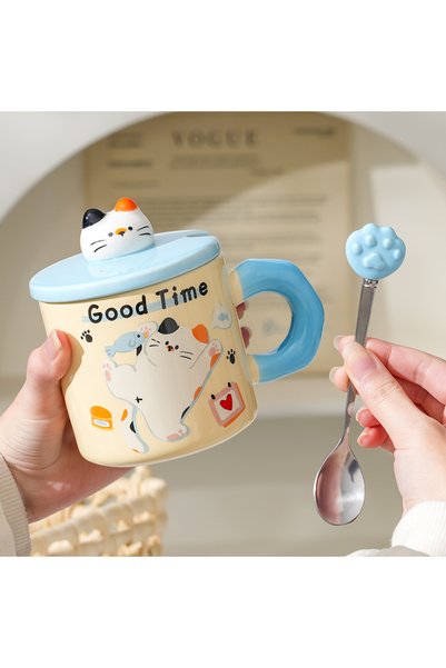 Generic طقم هدايا كوب سيراميك بتصميم قطة كرتونية لطيفة بلون كريمي، كوب شرب من...
