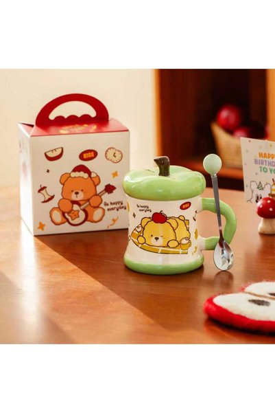 Generic Creative Ceramic Cup with Lid, Apple Bear Mug, Couple Souvenir Set, W...