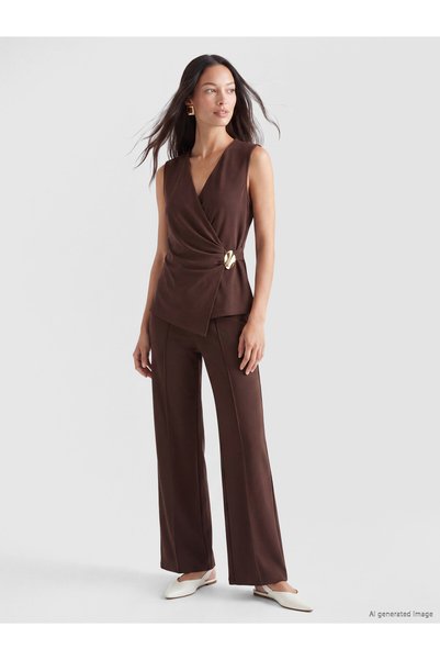 LC Waikiki LCW EVERYDAY Brown Solid Standard & Regular Wide-Leg Women's Pants...