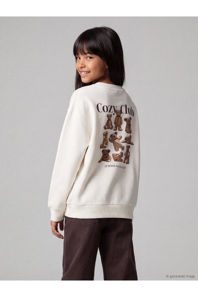 LC Waikiki TWO MT SHOP QUALITY LCW Kids Ecru Printed Girls' Thick Sweatshirt