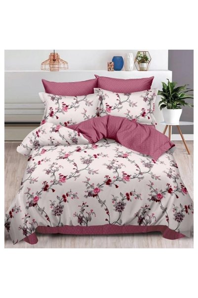 Johny Home Pucioasa Double bed linen, 2 sides, Pink Plum Flowers print, 6 pie...