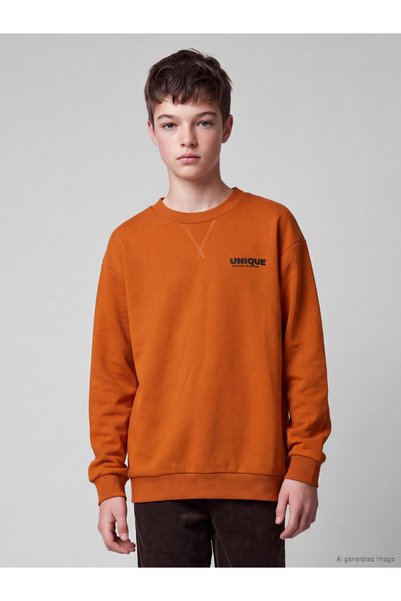 LC Waikiki LCW Kids Orange Oval-Neck Boys' Thick Sweatshirt, Featuring the AL...