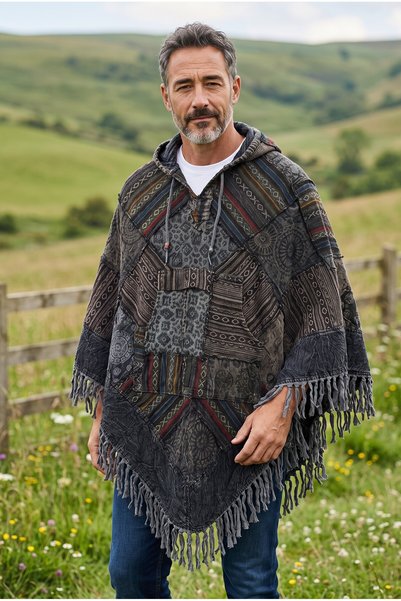 Bohoyasam Nepal Patchwork Poncho with Hood, Unisex, Ethnic, Bohemian, Relaxed...