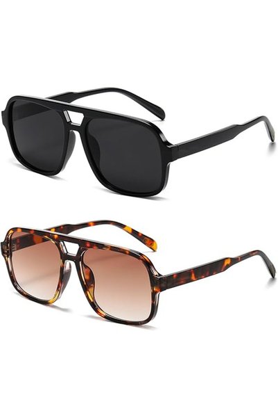 Choice 2pcs-black tea Fashion Double Bridges Square Rivets Women Sunglasses R...