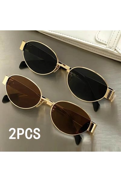 Choice Black and Tea 2pcs Oval Shape Metal Sunglasses Classic Men's Vintage S...