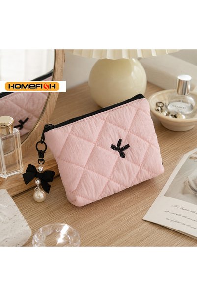 Choice Pink HOMEFISH Quilted Bow Makeup Bag, Portable Travel Pouch for Lipsti...