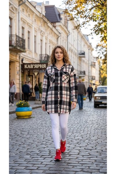 Polologin Butik Cămașă lungă de lemnar cu glugă, în ecose negru-alb-roșu /