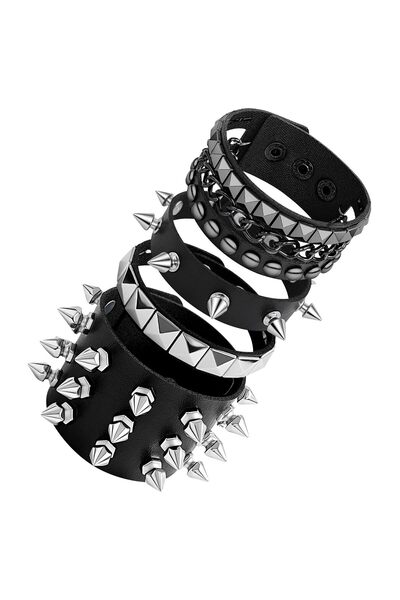 Choice hui10-4pcs 4Pcs Punk Leather Bracelet Set Spiked Studded Chain Rivets ...