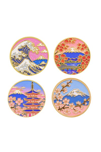 Choice 4pcs 4pcs Japanese Style Enamel Pins Set Mount Fuji Sakura Landscape B...