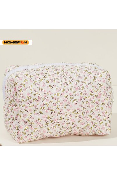 Choice Pink Floral Puffy Quilted Makeup Bag Large Capacity Travel Cosmetic Po...