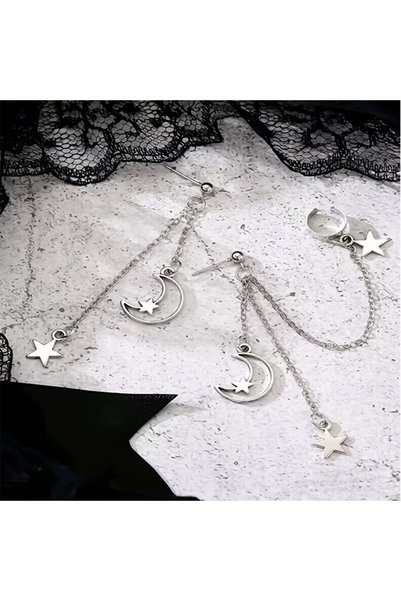 Choice Style 2 Asymmetric Purple Moon & Star Chain Drop Earrings, Gothic Long...