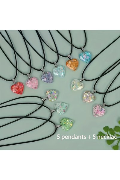 Choice 5 pcs 5 Pairs of Luminous Resin Heart-Shaped Pendant Necklaces with Le...