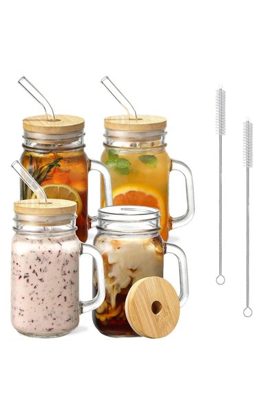 KASTWAVE 4pcs Mason Jars with Handle, Glass Mugs with Straws and Bamboo Lids,...