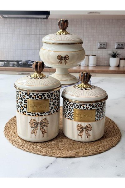 ROSSEV Enameled Jar Sugar Bowl Set, 3-Piece, Leopard Pattern, Savanna