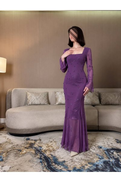 Generic Brand Purple Evening Dress Flared Square Neckline Sheer Sleeves Embro...