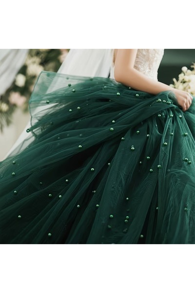 Choice 75x300cm Dark Green Dark Green Pearl Beaded Tulle Fabric Roll, Sheer G...