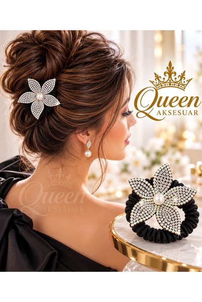 QUEEN AKSESUAR Silver-White Crystal-Studded Holographic Floral Pearl-Adorned ...