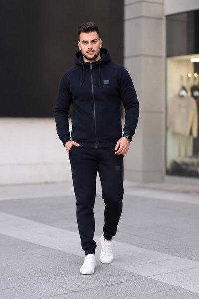Fors Life طقم رياضي رجالي مريح مع غطاء للرأس مبطن بالصوف، باللون الكحلي.