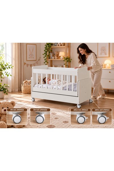 ZELMİRA 60*120 cm Anne Yanı Meşe Tekerlekli Sallanan Beşik Ahşap Park Beşik A...