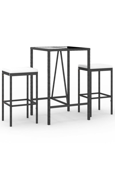 vidaxl Set mobilier bar de grădină cu perne, 3 piese, negru, poliratan