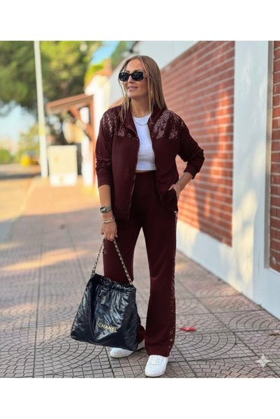 pazarella طقم نسائي بأكمام طويلة وسحاب أمامي مزين بالترتر والفيسكوز مكون من ق...