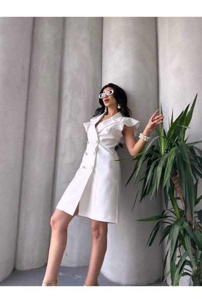 SUXİRCNHTMTS Women's Button-Front Ruffled-Collar Jacket Dress: Chic Short-Sle...