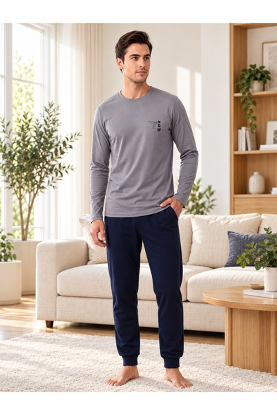 Quatarze REALMOOD Men's Gray 100% Cotton Long-Sleeve Pajama Set – Navy Bottom...