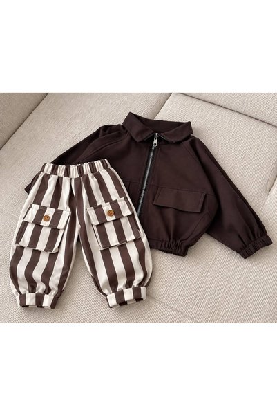 bohemiankids baby wear Kahverengi Bomber ceket düğme detay pantolon