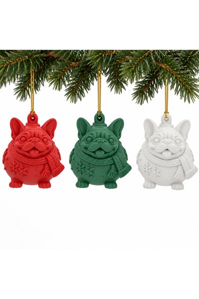 OEM Set 3 globuri de Crăciun Bulldog francez cu fular, 6 cm, mix de culori