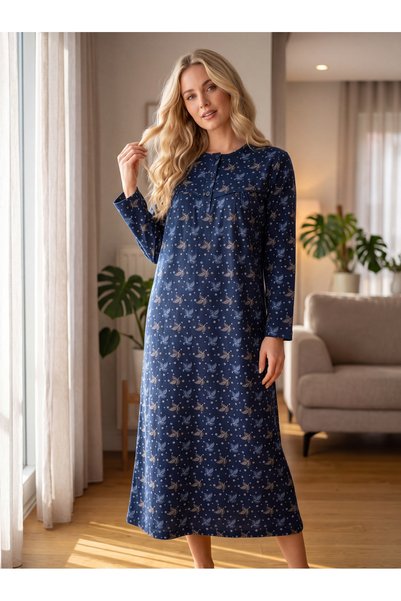 Lohussa New Season Navy Blue Winter Patterned Long-Sleeve Nightgown with Slee...