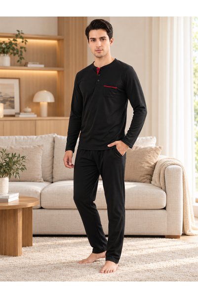 Quatarze REALMOOD Men's Black 100% Cotton Long-Sleeve Button-Down Pajama Set ...