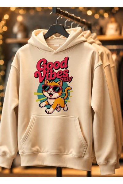 Vordevia سويت شيرت قطني مطبوع عليه Good Vibes بثلاثة خيوط ومقاس كبير