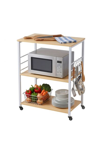 Relaxdays Kitchen Trolley, 3 Tiers, White/Light Brown, 89x40x60 cm, with 6 S-...