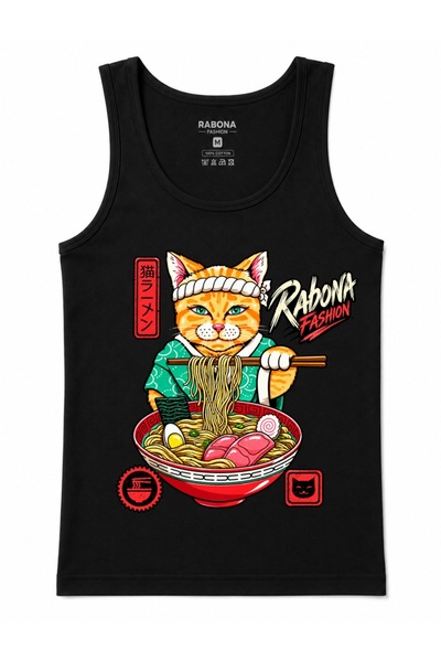 Rabona Fashion Neko Ramen – Anime-Themed Tank Top Featuring an Orange Cat Eat...