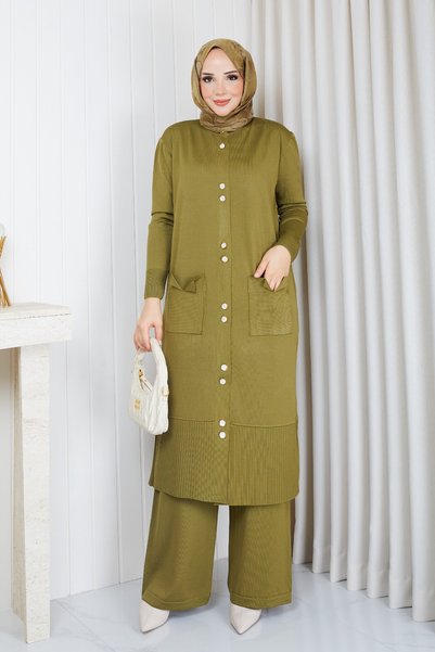 FATELLA Women's Cold-Spun Knit Modest Set: Long Tunic, Jacket, and Pants Two-...