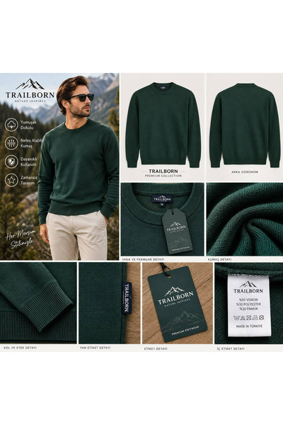 KAZAK TRAILBORN Yeşil Triko Sweatshirt, Bisiklet Yaka Uzun Kollu Günlük