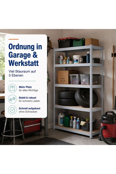 Relaxdays , 5-tier steel storage rack with MDF top, 175 kg capacity per shelf...