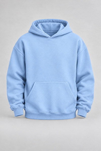 EVIus Hanorac unisex oversize, de culoare bleu, cu glugă, model basic, din tr...