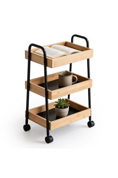 Relaxdays Bamboo and Metal Trolley, 3 Shelves, Light Brown/Black, 73x28x45.5 cm