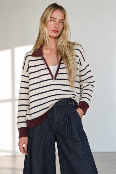 Sue Store Ecru, Burgundy, and Navy Striped Zip-Up Knit Sweater