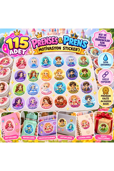 115 Adet Prenses ve Prens temalı Öğretmen Ödül Etiketleri | Motivasyon & Başarı Sticker – A4 Premium