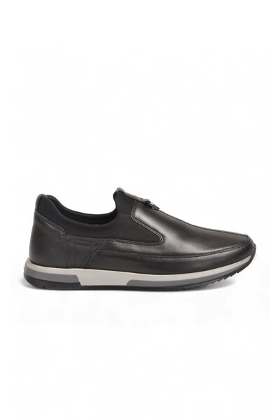 AYAKMOD Men's Black Genuine Leather Casual Shoes with Side Elastic Bands 42170