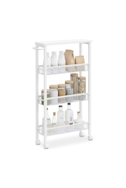 Relaxdays Cărucior de depozitare îngust, din metal și MDF, 77 x 13 x 45,5 cm,...